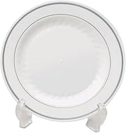 WNA Masterpiece Premium Plastic Dinner Plates, 9" Round, 120 Pack, Elegant White & Silver Heavyweight Tableware, Disposabl...