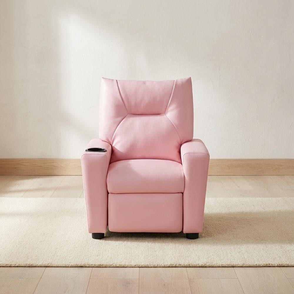 Pink Kids Recliner Chair with Cupholder by Furnifact – PVC Fabric, Wood, Foam, Pink