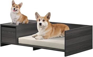 Esme Ash Gray 47" Wide Wood Dog Bed Frame with Cushion and Side Storage Compartment