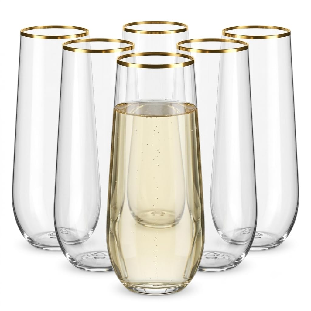 Glownary Coupe Dynasty Clear Plastic Stemless Champagne Flute with Gold Rim – 9 oz, PET Material, 5.5 Inch Height, BPA Free, 64 per Case