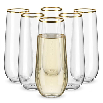 Glownary Coupe Dynasty Clear Plastic Stemless Champagne Flute with Gold Rim – 9 oz, PET Material, 5.5 Inch Height, BPA Free, 64 per Case