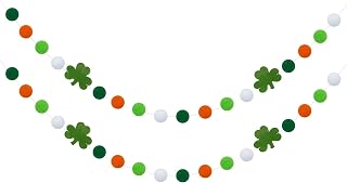 2 Pcs St Patrick's Day Felt Ball Garlands with Shamrock Clover Felt Ball Garland Green Orange White Hanging Decorations for St Patrick's Day Home Wall Office Party Irish Festivals