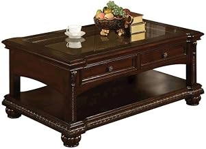 Furnifact Cherry Coffee Table with Glass Top, Poplar Wood Frame, Cherry Wood Veneer Finish, Durable Construction, Stylish Design for Living Room, Office