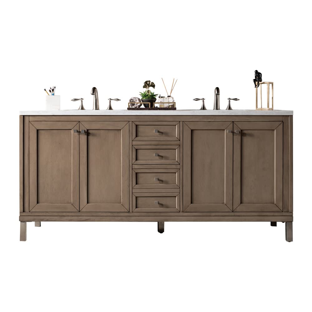 305-V72-3AF Chicago 72" Free Standing or Wall Mounted Double Basin Poplar Wood Vanity Set with 3 cm Arctic Fall Solid Surface Vanity Top and Rectangular Sinks - Whitewashed by