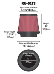 High-Flow Original Lifetime Universal Clamp-On Air Filter: High Performance by K&N – 6 In, Rubber, Model RU-5173