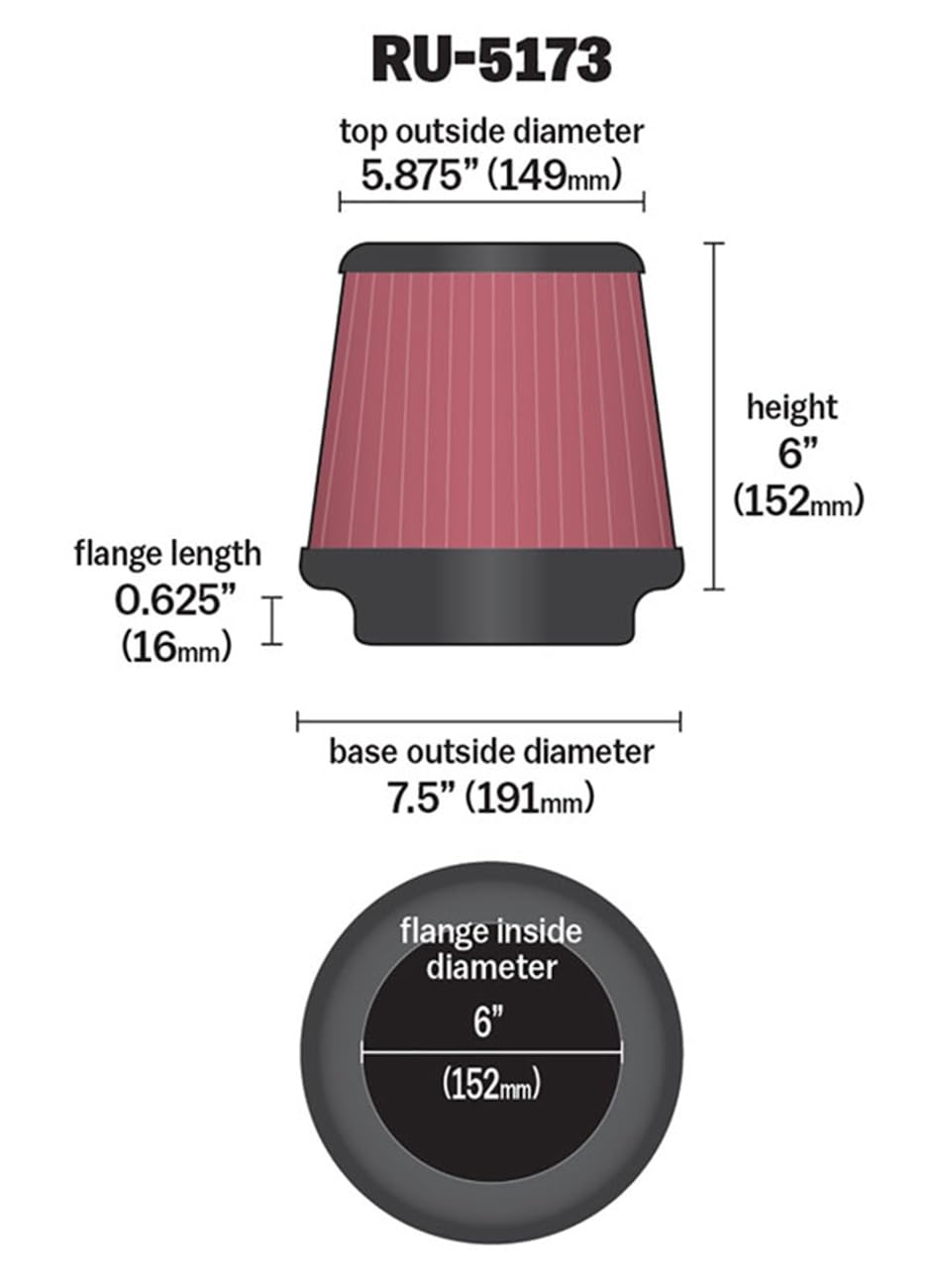 High-Flow Original Lifetime Universal Clamp-On Air Filter: High Performance by K&N – 6 In, Rubber, Model RU-5173