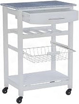 Furnifact Pine Kitchen Island with Granite Top, Portable Rolling Island Table for Kitchen with Storage Drawer and Built-in Wine Rack, White
