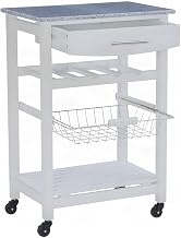 Furnifact Pine Kitchen Island with Granite Top, Portable Rolling Island Table for Kitchen with Storage Drawer and Built-in Wine Rack, White