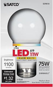 Satco Lighting Lighting S29810 Single 11 Watt Dimmable A19 Medium (E26) LED Bulb - 1,100 Lumens and 2700K