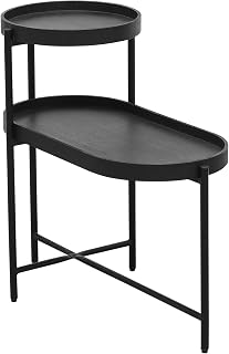 2-Tier Black Coffee Side Table with Storage Sofa Table for Living Room Oval End Table with Round Top Tray Wooden Tabletop, Metal Frame & Wooden Desk End Table, for Small Space, Bedroom Mesa Lateral
