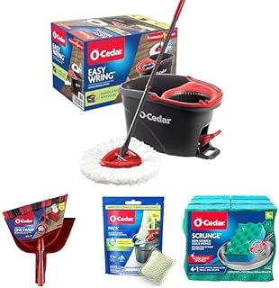O-Cedar All-in-One Cleaning Kit: EasyWring Spin Mop + One Sweep Broom + PACS Mop Soap Cleaning Tablets + Scrunge Kitchen Scrub Sponges