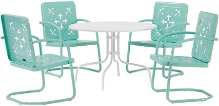 Crosley Furniture Azalea 5-Piece Vintage Outdoor Dining Set for 4, Retro Metal Round Patio Table and Chairs, Aqua Gloss/White Satin