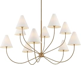 Troy Lighting Evermore 10-Light Chandelier | Patina Brass | Off-White Linen Shades | Nature-Inspired Sculptural Design | Graceful Arched Arms | Dining Room or Living Room Fixture | Model F1960-PBR