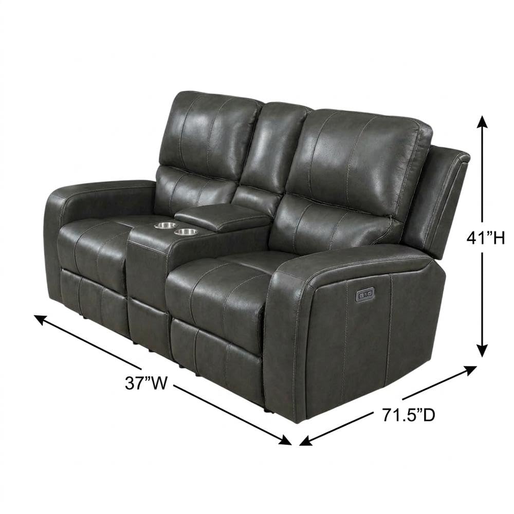 Leather-Upholstered Loveseat with Power Console by Starlight Canyon Home – Hardwood anhd Plywood frame, Full leather front, Grey