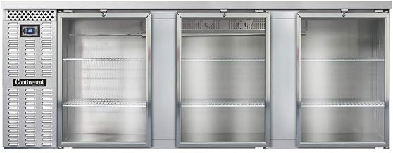 BBC90-SS-GD Three Section Glass Door Refrigerated Back Bar Cooler, 90" W x 34-3/4"H, Stainless Steel Exterior