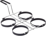 TableCraft 1240 Egg Ring, 9-1/2" x 15-1/2" x 3-3/4", (4) 4" Dia. x 5/8" Non-Stick Egg Rings, Black Cool-to-Touch Vinyl Handle, Dishwasher Safe, Nickel Plated Frame, 2 Each per case
