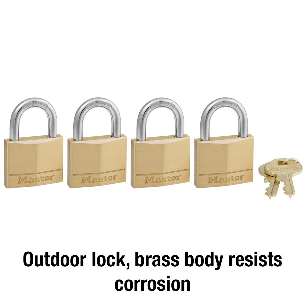 Solid Brass Padlock with Key by Master Lock – 4 Pack, Brass, Brass, Silver, Model 140Q