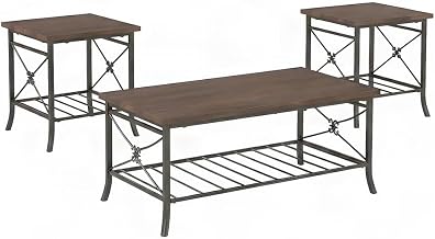Furnifact Metal Coffee Table Set of 3 with Plank-Style MDF Top and Slatted Lower Shelf, Industrial Occasional Table for Living Room, Brown