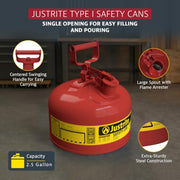 Justrite Red / 2.5 Gallon / Type I Gas Cans