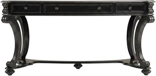 Cherry Veneer Writing Desk with Nailhead Trim and Drawers, Large Wood Desk for Home Office, Black