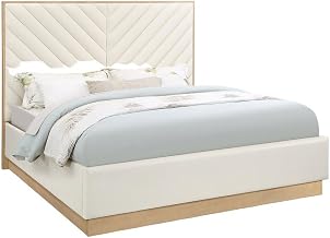 Starlight Canyon Home Fully Upholstered Vegan Leather King Bed Frame with Button-Tufted Panel Headboard, King Size Platform Bed, Cream Vegan Leather