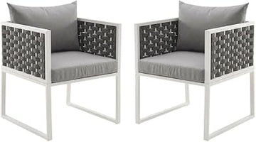 White Aluminum Patio Dining Armchair Set of 2, armrest, Sturdy Frame, Comfortable Cushions, Stylish for Outdoor Dining and Lounging