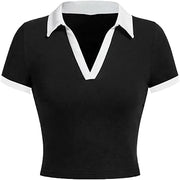 Women Polo Collared V Neck Tee Shirts Ringer Short Sleeve Crop Tops