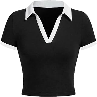 Women Polo Collared V Neck Tee Shirts Ringer Short Sleeve Crop Tops
