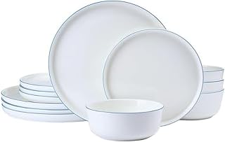 Mikasa Samantha 12 Piece Bone China Dinnerware Set, Service for 4, Flat Plates and Bowl with Blue Rim, Chip-Resistant, Lightweight, Elegant and Durable, White