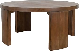 Furnifact Wood Veneer Round Coffee Table with Panel-Style Legs, Rustic Walnut Living Room Accent Table