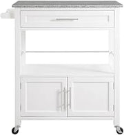 Furnifact White Kitchen Cart with Granite Top, Rubberwood Timber Construction Food Prep Cart with MDF Frame for Kitchen and Dining
