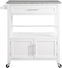 Furnifact White Kitchen Cart with Granite Top, Rubberwood Timber Construction Food Prep Cart with MDF Frame for Kitchen and Dining