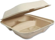 World Centric TO-SC-U8T Compostable Unbleached Plant Fiber 3 Compartment Clamshell Take Out Containers, 8" x 8" x 3" (Pack of 300)