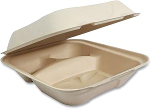World Centric TO-SC-U8T Compostable Unbleached Plant Fiber 3 Compartment Clamshell Take Out Containers, 8" x 8" x 3" (Pack of 300)