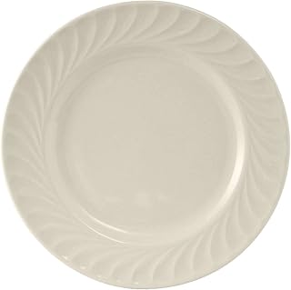 Tuxton China MEA-104 Plate, 10-1/2" Diameter, Round, Wide Rim, Embossed, Microwave and Dishwasher Safe, Oven Proof, Fully Vitrified, Ceramic, Meridian, American White/Eggshell, Pack of 12