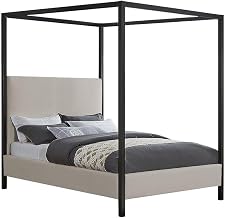 Starlight Canyon Home Linen-Upholstered Canopy Platform Bed with Tall King Headboard, King Size Bed Frame and Headboard, Beige Linen Textured Fabric