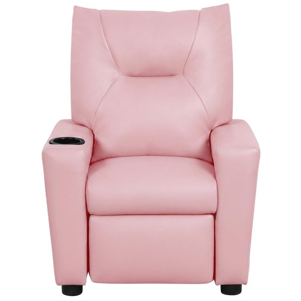 Pink Kids Recliner Chair with Cupholder by Furnifact – PVC Fabric, Wood, Foam, Pink