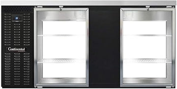 BBC69-GD-PT Two Section Glass Door Refrigerated Pass-Thru Back Bar Cooler, 69"W x 34-3/4"H, Black Exterior