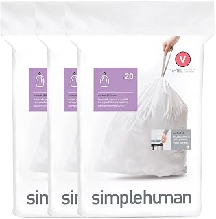 simplehuman Code V 60 Count, Dispenser Pack Custom Fit Liners, Drawstring Trash Bags, 16-18 Liter / 4.2-4.8 Gallon, White