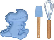 Wilton Baking Kit Dino Baking Set 3 Pieces: Silicone Cake Mould 3D Dinosaur with Whisk and Dough Scraper, Children's Baking Mould for Cake Baking, Reusable - Set/3