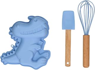 Wilton Baking Kit Dino Baking Set 3 Pieces: Silicone Cake Mould 3D Dinosaur with Whisk and Dough Scraper, Children's Baking Mould for Cake Baking, Reusable - Set/3