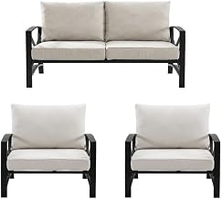 Beige Outdoor Furniture Set, 3-Piece Patio Loveseat & 2 Chairs, Steel Frame, Weatherproof, Modern Design, Cushion Seating