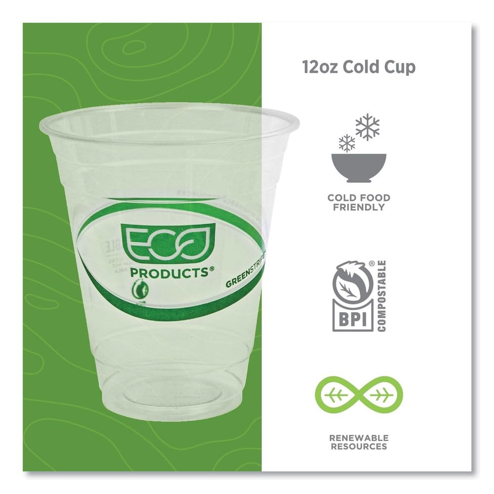 GreenStripe Renewable & Compostable Cold Cups - 12oz. by ECO PRODUCTS – 12 ounces, Plastic, Clear, Pack of 1000, Model ECP EP-CC12-GS