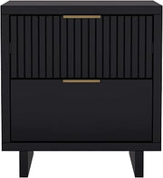 Elara 18 Inch Nightstand with 2 Drawers, Solid Wood Bedside Table, Modern Fluted Design with Soft-Close Mechanism, Compact Bedroom Stand, Black