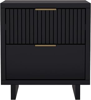 Elara 18 Inch Nightstand with 2 Drawers, Solid Wood Bedside Table, Modern Fluted Design with Soft-Close Mechanism, Compact Bedroom Stand, Black
