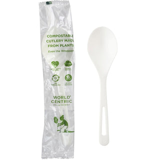 6" TPLA Wrapped Soup Spoon by World Centric – PLA, White, Model SO-PS-I