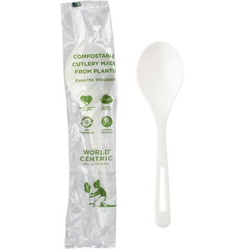 6" TPLA Wrapped Soup Spoon by World Centric – PLA, White, Model SO-PS-I