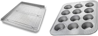 USA Pan 1607CR Bakeware Extra Large Sheet Baking Pan and Bakeable Nonstick Cooling Rack Set, XL, Metal & Bakeware Muffin Pan, 12-Well, Aluminized Steel
