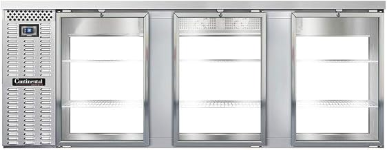 BBC90S-SS-GD-PT Three Section Glass Door Refrigerated Pass-Thru Back Bar Cooler, 90" W x 34-3/4"H, Stainless Steel Exterior & Shallow Depth
