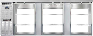 BBC90S-SS-GD-PT Three Section Glass Door Refrigerated Pass-Thru Back Bar Cooler, 90" W x 34-3/4"H, Stainless Steel Exterior & Shallow Depth